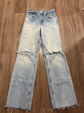 Zara Light Blue Distressed Wide-Leg Jeans